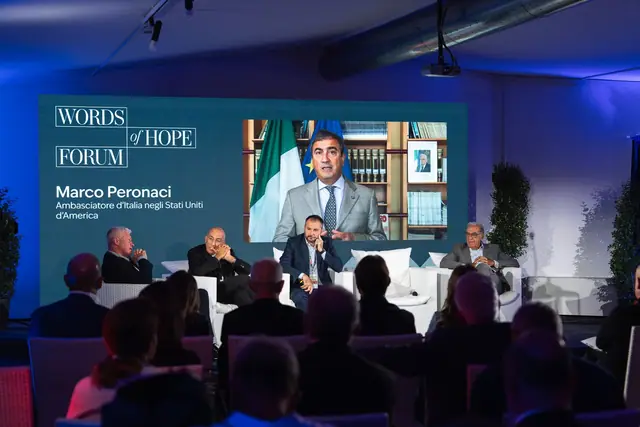 Marco Peronaci in collegamento sullo schermo della plenaria